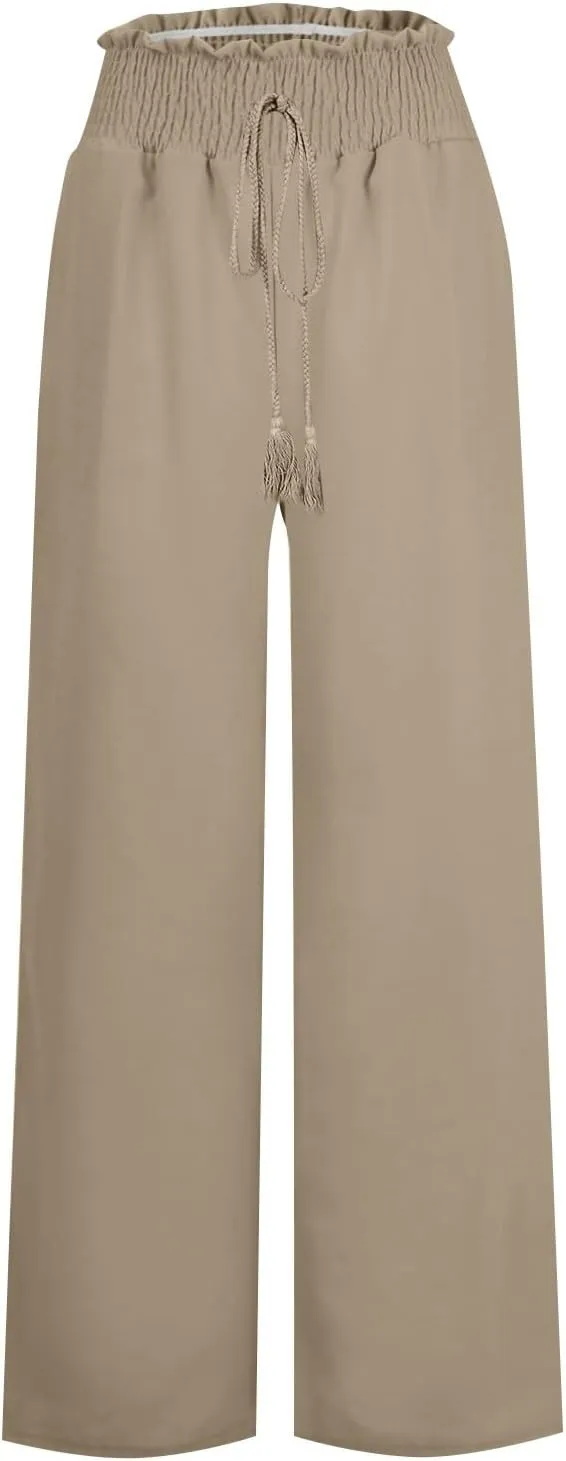 Women Cotton Linen Summer Casual Loose Palazzo Lounge Pants Elastic Waisted Stretchy Slim Fit Pant Trousers