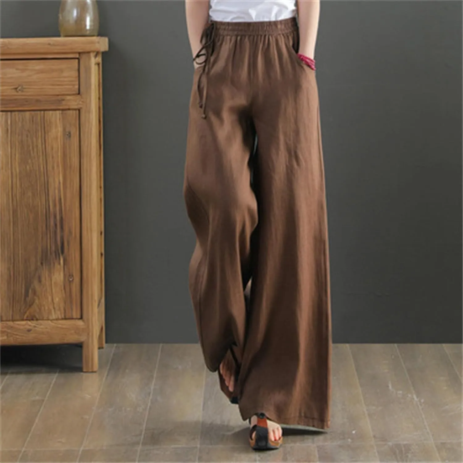 Women Cotton Linen Wide Leg Trousers High Waist Plus Size Lounge Pants Pockets Leisure Pant Causal Sweatpants
