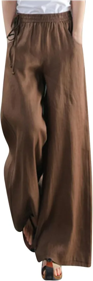 Women Cotton Linen Wide Leg Trousers High Waist Plus Size Lounge Pants Pockets Leisure Pant Causal Sweatpants