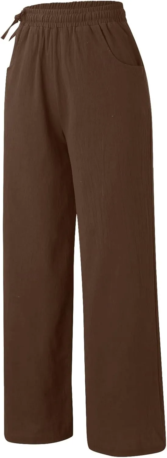 Women Cotton Linen Wide Leg Trousers High Waist Plus Size Lounge Pants Pockets Leisure Pant Causal Sweatpants
