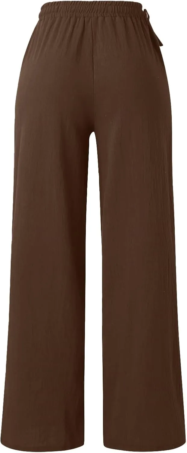 Women Cotton Linen Wide Leg Trousers High Waist Plus Size Lounge Pants Pockets Leisure Pant Causal Sweatpants