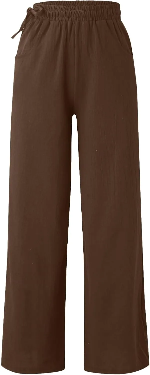 Women Cotton Linen Wide Leg Trousers High Waist Plus Size Lounge Pants Pockets Leisure Pant Causal Sweatpants