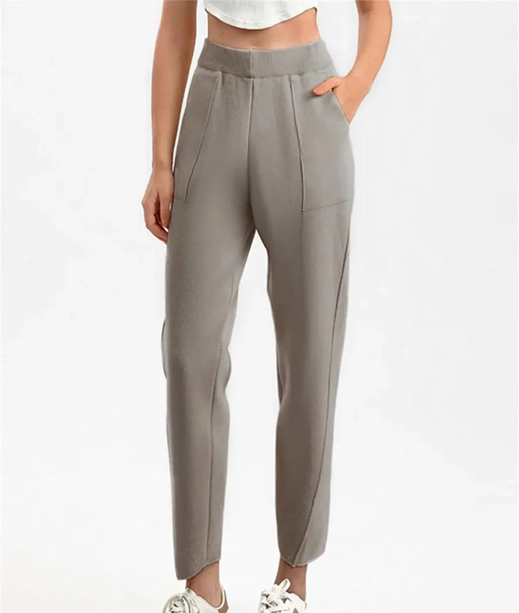 Women Fall Winter Knit Harem Pants High Waist Elastic Casual Solid Ankle Length Trousers with Pockets
