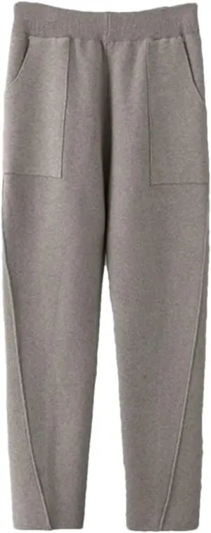 Women Fall Winter Knit Harem Pants High Waist Elastic Casual Solid Ankle Length Trousers with Pockets