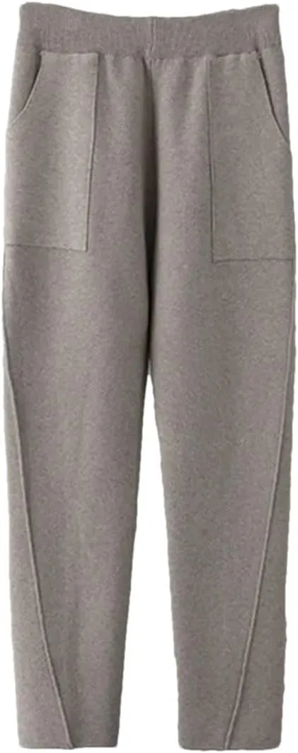 Women Fall Winter Knit Harem Pants High Waist Elastic Casual Solid Ankle Length Trousers with Pockets