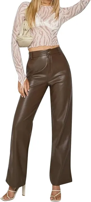 Women Faux Leather Pants High Waist Straight Wide Leg Leggings Slim Fit Trousers with Pockets