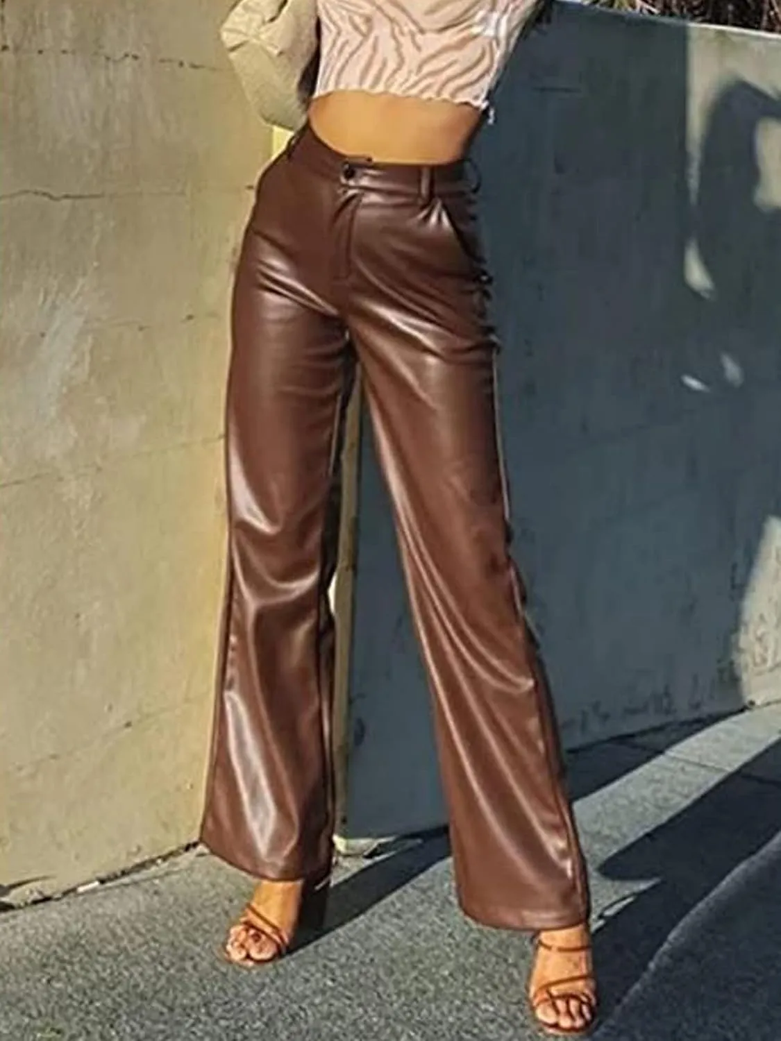 Women Faux Leather Pants High Waist Straight Wide Leg Leggings Slim Fit Trousers with Pockets