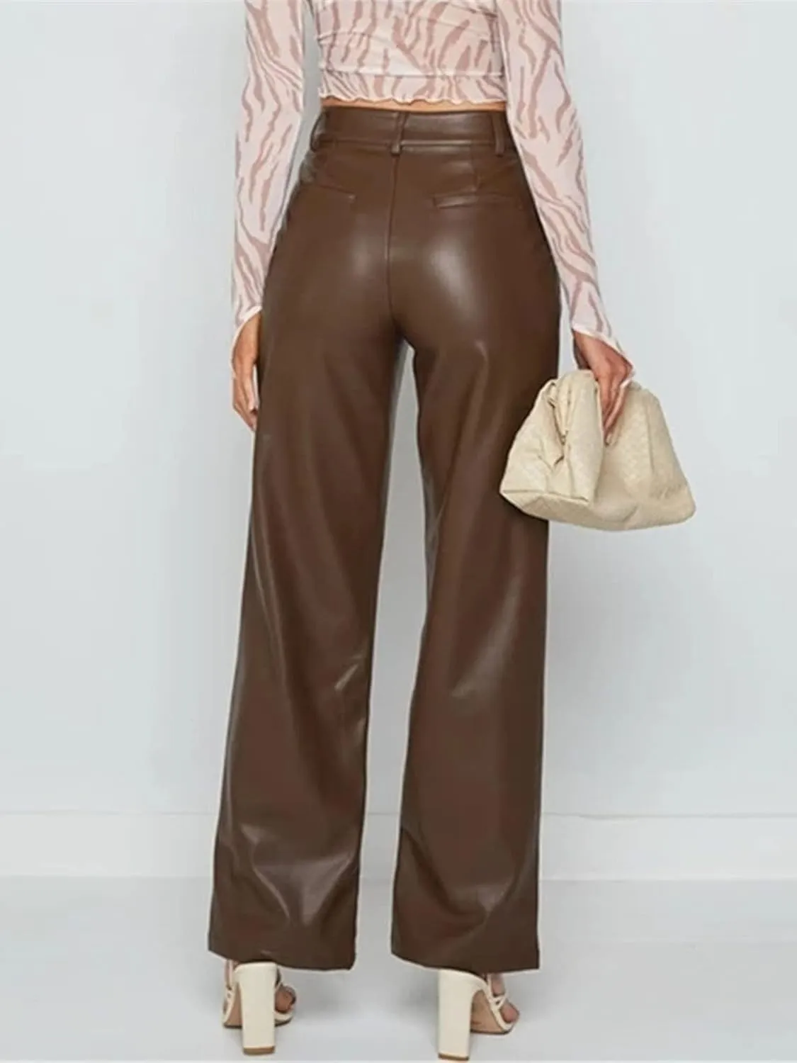 Women Faux Leather Pants High Waist Straight Wide Leg Leggings Slim Fit Trousers with Pockets