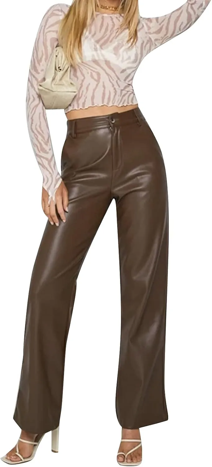 Women Faux Leather Pants High Waist Straight Wide Leg Leggings Slim Fit Trousers with Pockets