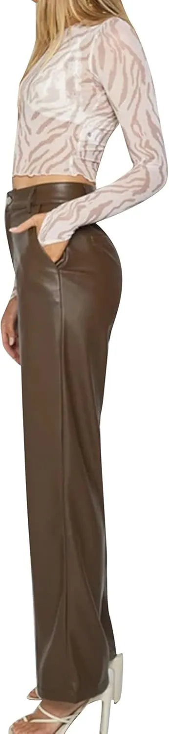 Women Faux Leather Pants High Waist Straight Wide Leg Leggings Slim Fit Trousers with Pockets