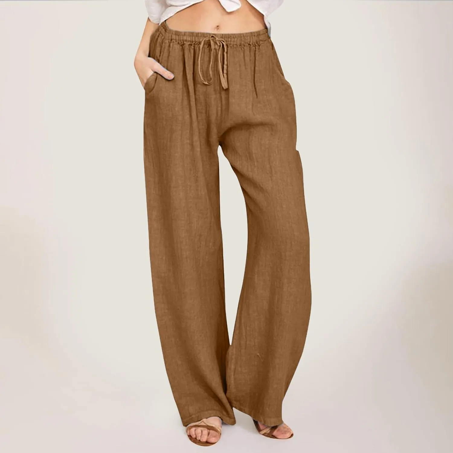 Women Linen Blend Summer Casual Flowy Pants Elastic Waist Wide Leg Loose Fit Trousers Vacation