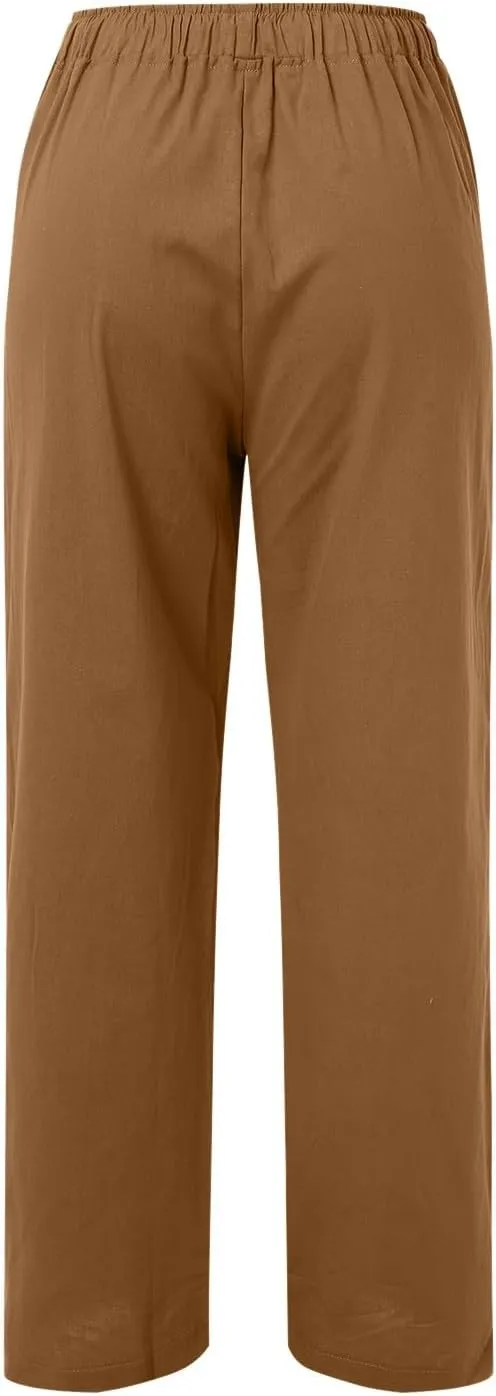 Women Linen Blend Summer Casual Flowy Pants Elastic Waist Wide Leg Loose Fit Trousers Vacation