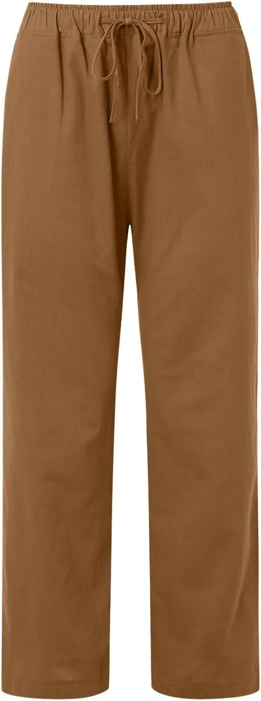 Women Linen Blend Summer Casual Flowy Pants Elastic Waist Wide Leg Loose Fit Trousers Vacation