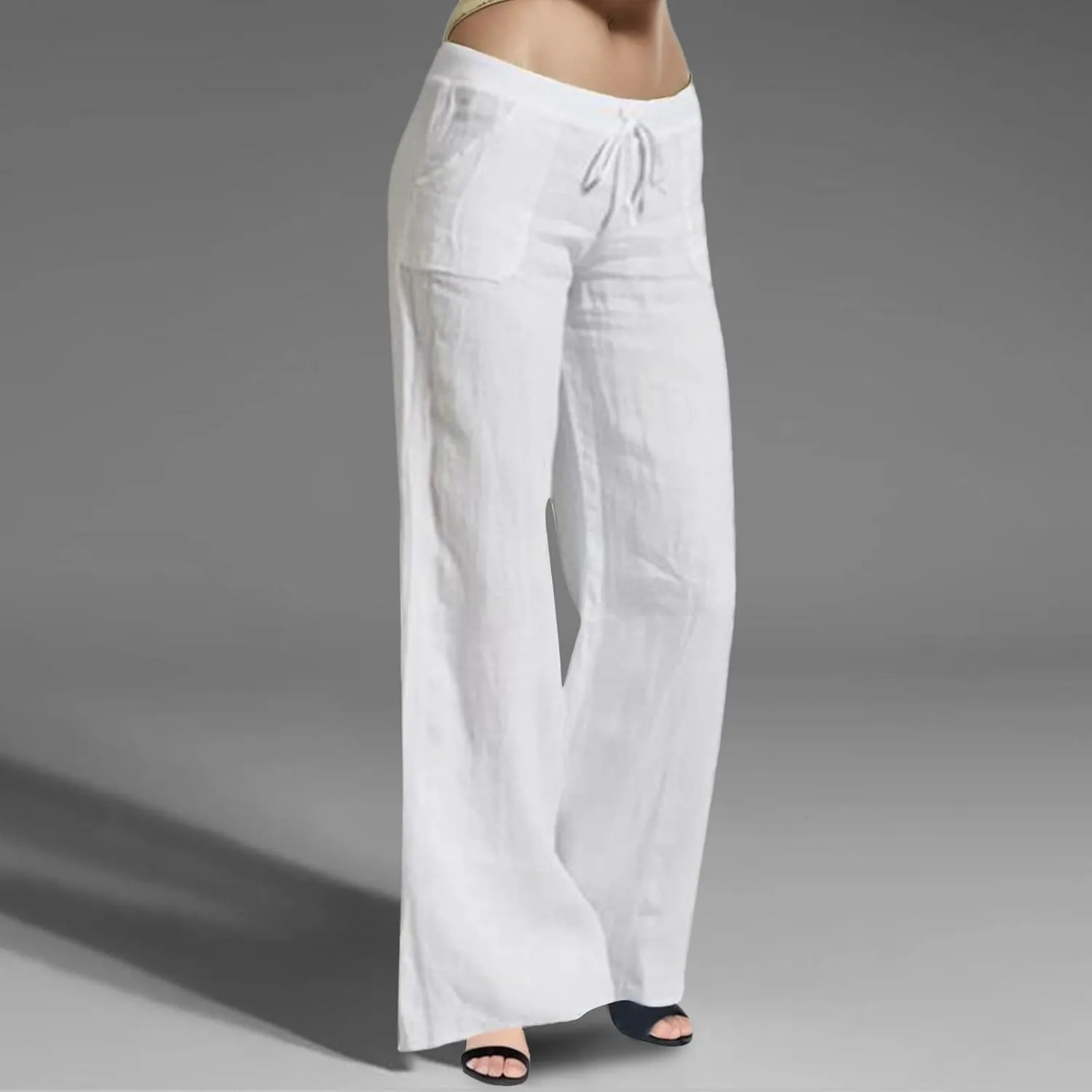 Women Linen Blend Summer Casual Loose Palazzo Lounge Pants Elastic Waist Baggy Stretchy Plus Size Trouser Trendy