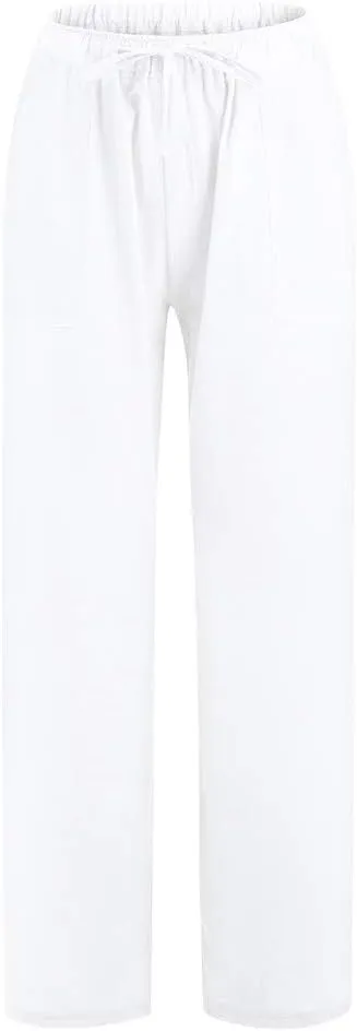 Women Linen Blend Summer Casual Loose Palazzo Lounge Pants Elastic Waist Baggy Stretchy Plus Size Trouser Trendy