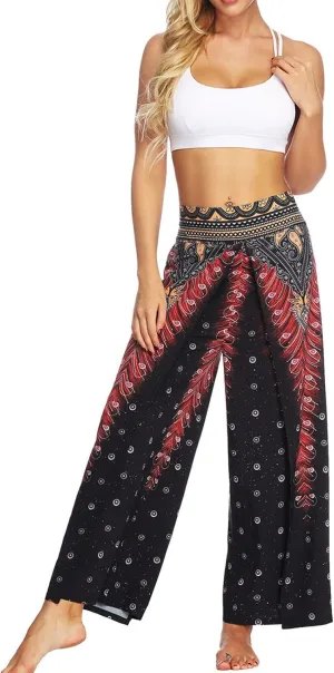 Women Linen High Waist Loose Harem Pants Flared Bottom Wide Leg Palazzo Casual Floral Print Beach Boho Trousers