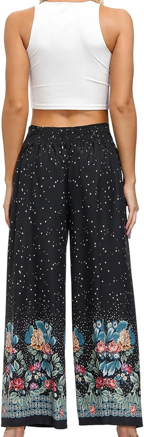 Women Linen High Waist Loose Harem Pants Flared Bottom Wide Leg Palazzo Casual Floral Print Beach Boho Trousers