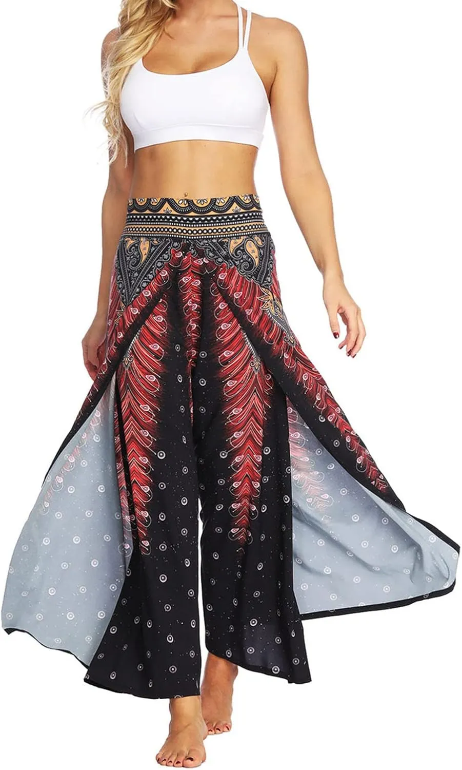 Women Linen High Waist Loose Harem Pants Flared Bottom Wide Leg Palazzo Casual Floral Print Beach Boho Trousers