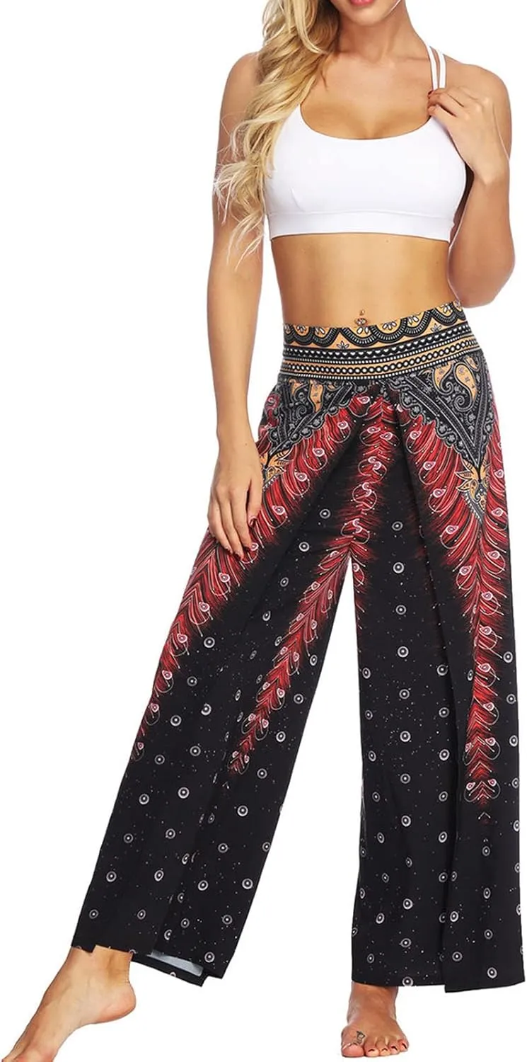 Women Linen High Waist Loose Harem Pants Flared Bottom Wide Leg Palazzo Casual Floral Print Beach Boho Trousers