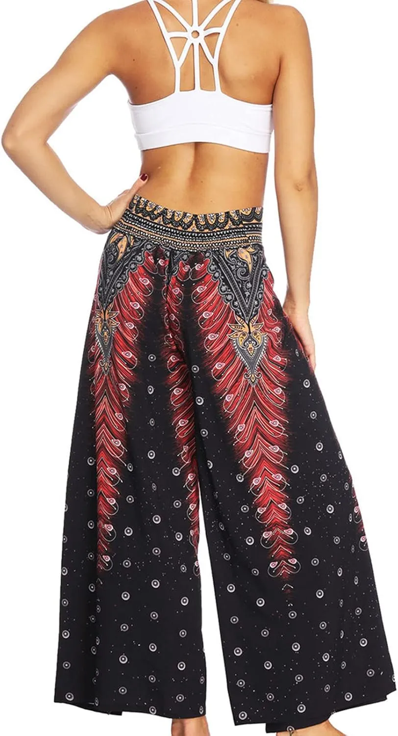 Women Linen High Waist Loose Harem Pants Flared Bottom Wide Leg Palazzo Casual Floral Print Beach Boho Trousers