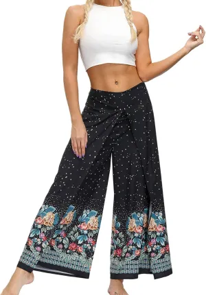 Women Linen High Waist Loose Harem Pants Flared Bottom Wide Leg Palazzo Casual Floral Print Beach Boho Trousers
