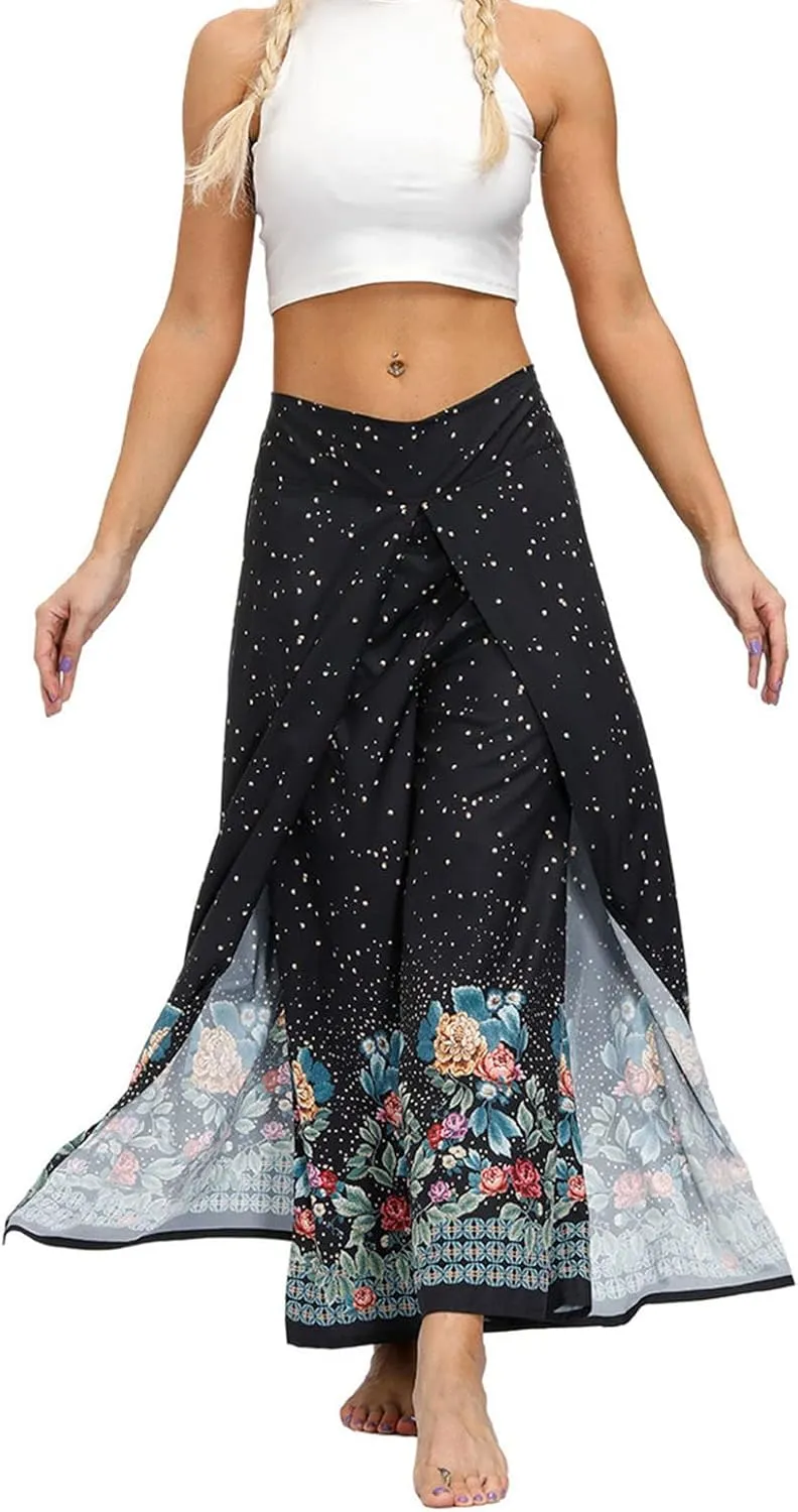 Women Linen High Waist Loose Harem Pants Flared Bottom Wide Leg Palazzo Casual Floral Print Beach Boho Trousers