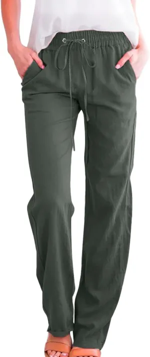 Women Linen Summer Boho Palazzo Pants Low Waist Ankle Length Slim-Fit Pant Trousers Vacation