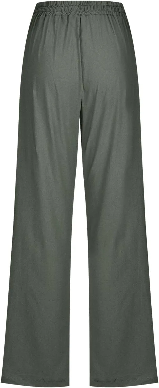 Women Linen Summer Boho Palazzo Pants Low Waist Ankle Length Slim-Fit Pant Trousers Vacation