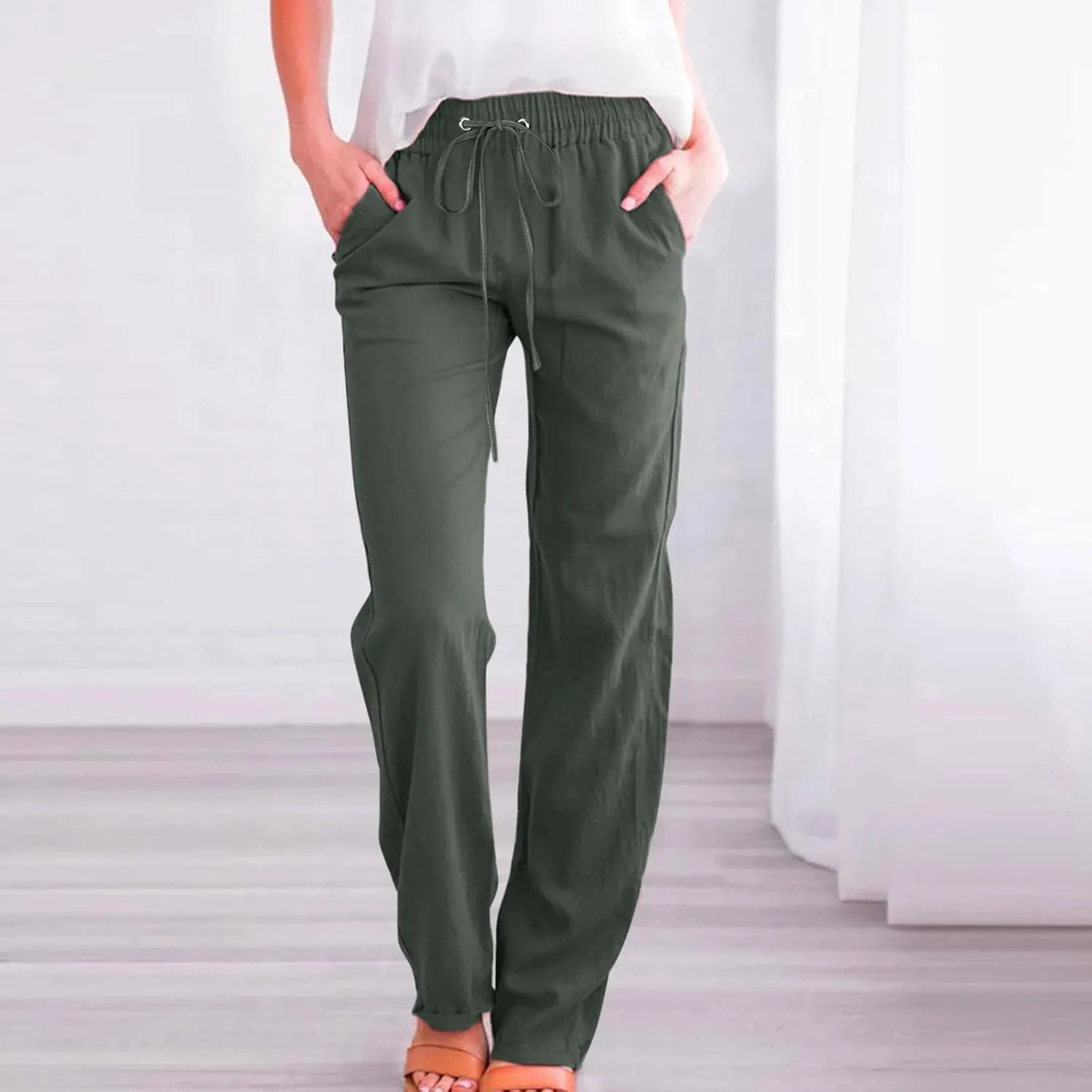 Women Linen Summer Boho Palazzo Pants Low Waist Ankle Length Slim-Fit Pant Trousers Vacation