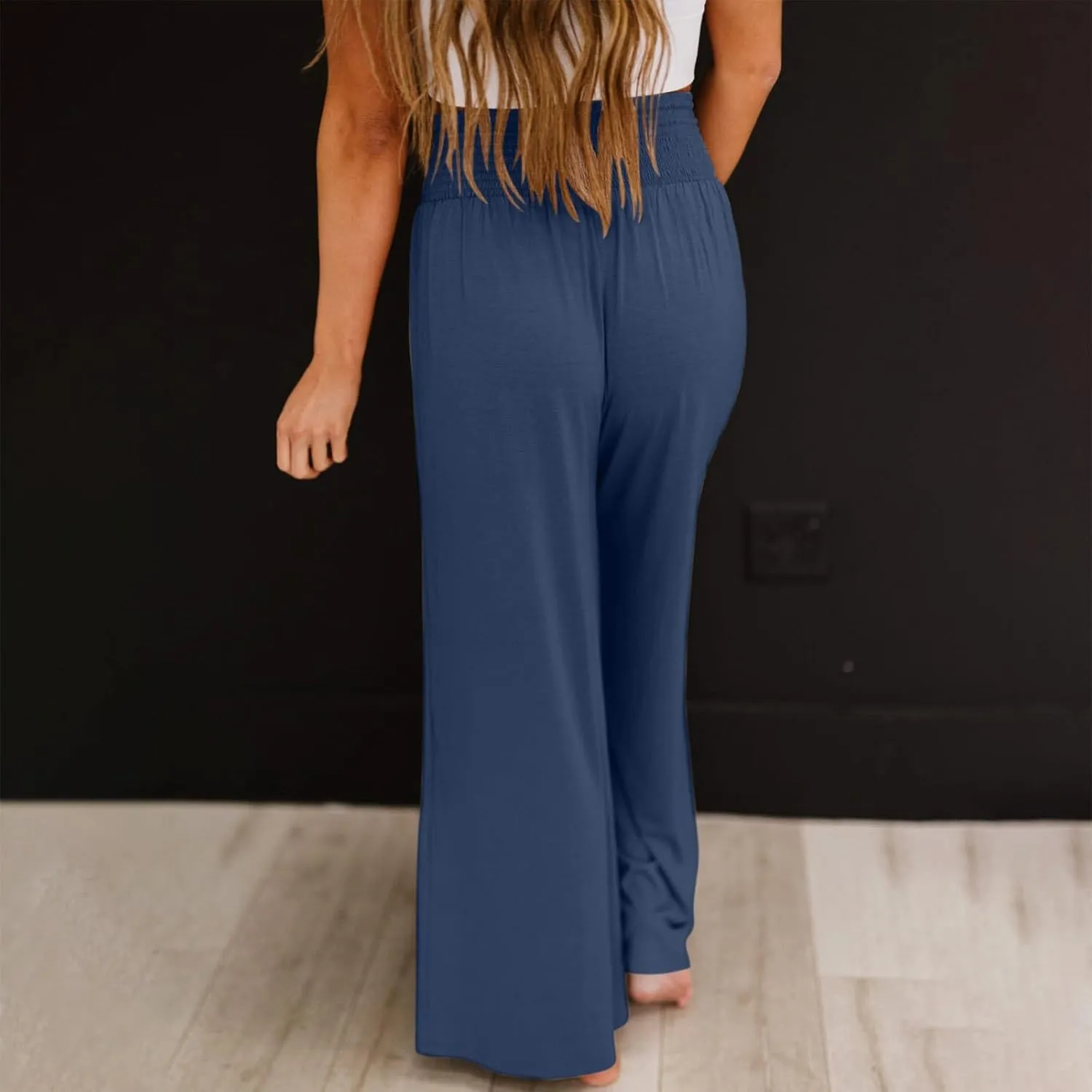 Women Linen Summer Y2K Streetwear Palazzo Pants Elastic Waisted Long Lounge Loose Fit Pant Trousers Travel