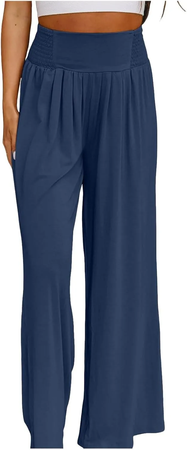 Women Linen Summer Y2K Streetwear Palazzo Pants Elastic Waisted Long Lounge Loose Fit Pant Trousers Travel