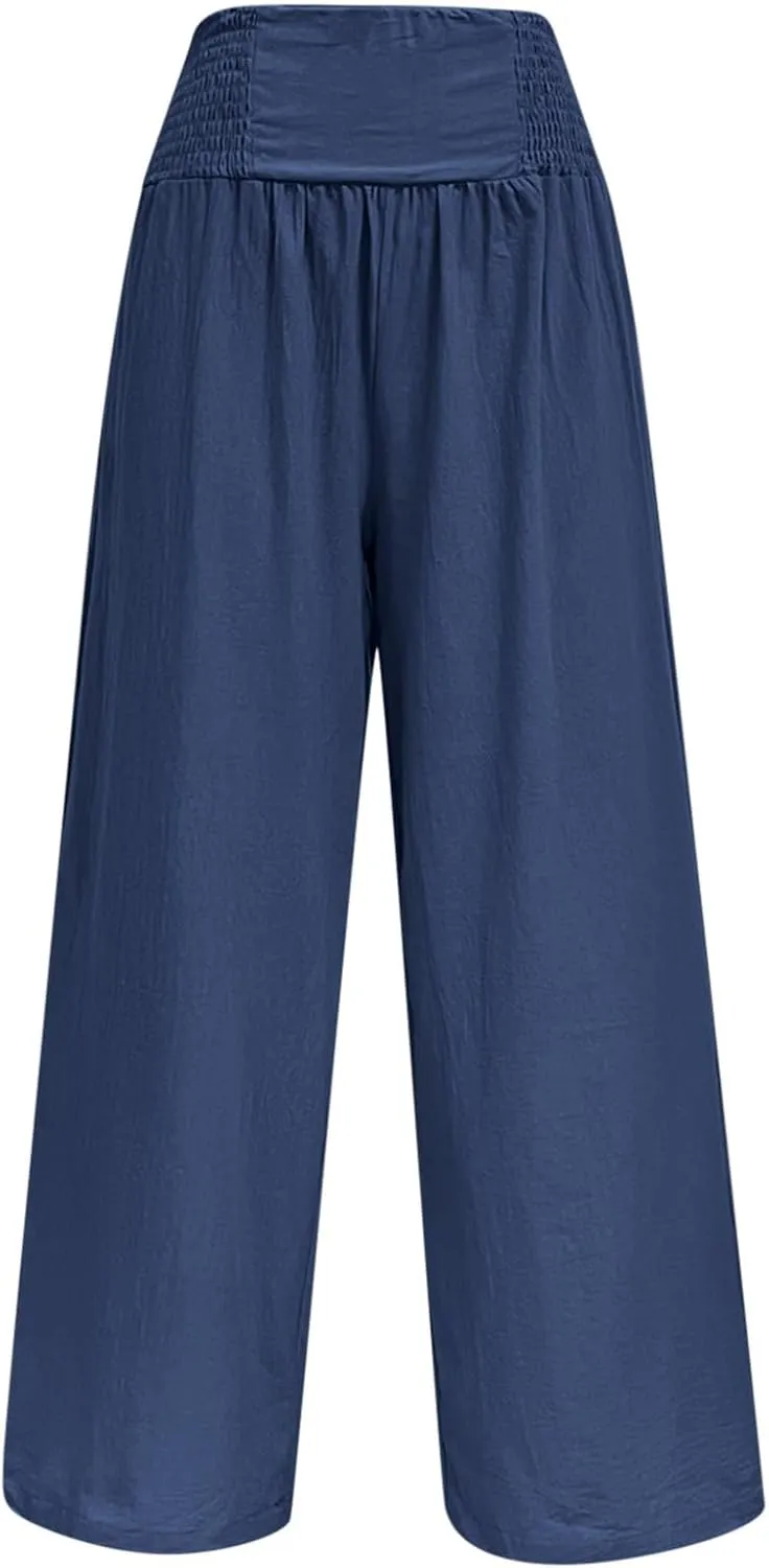 Women Linen Summer Y2K Streetwear Palazzo Pants Elastic Waisted Long Lounge Loose Fit Pant Trousers Travel
