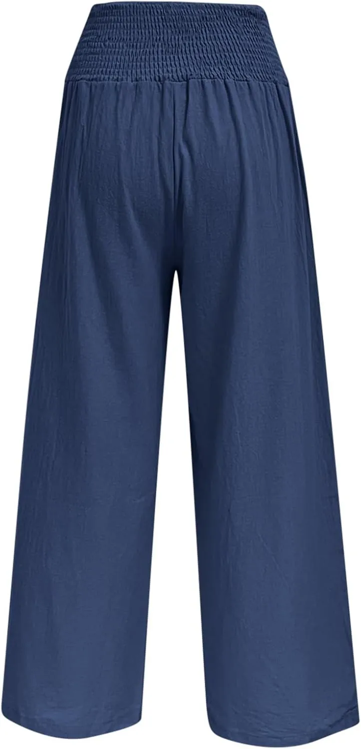 Women Linen Summer Y2K Streetwear Palazzo Pants Elastic Waisted Long Lounge Loose Fit Pant Trousers Travel
