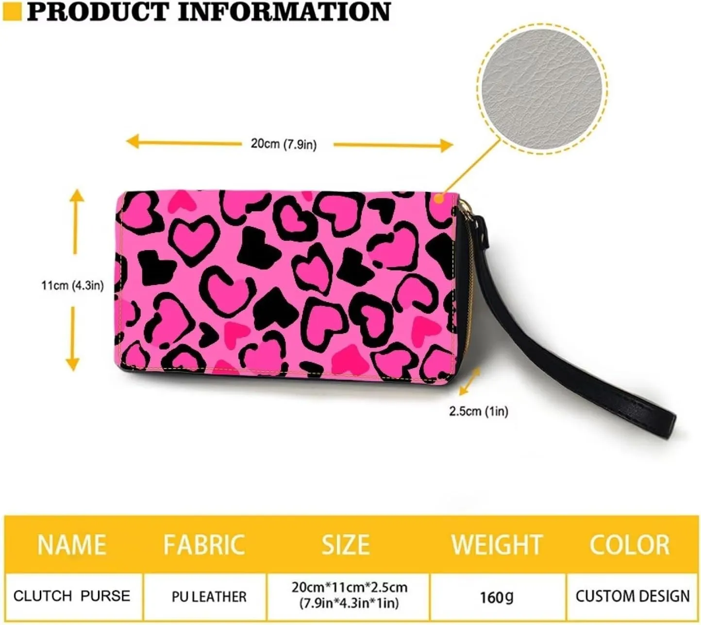 Women Long Money Wallet Metal Zip Around Clutch Purse with Wristlet Strap Stylish Black Pink Love Heart Print PU Leather Phone Holder Travel Card Holder Organizer for Cash,Coin,Bill