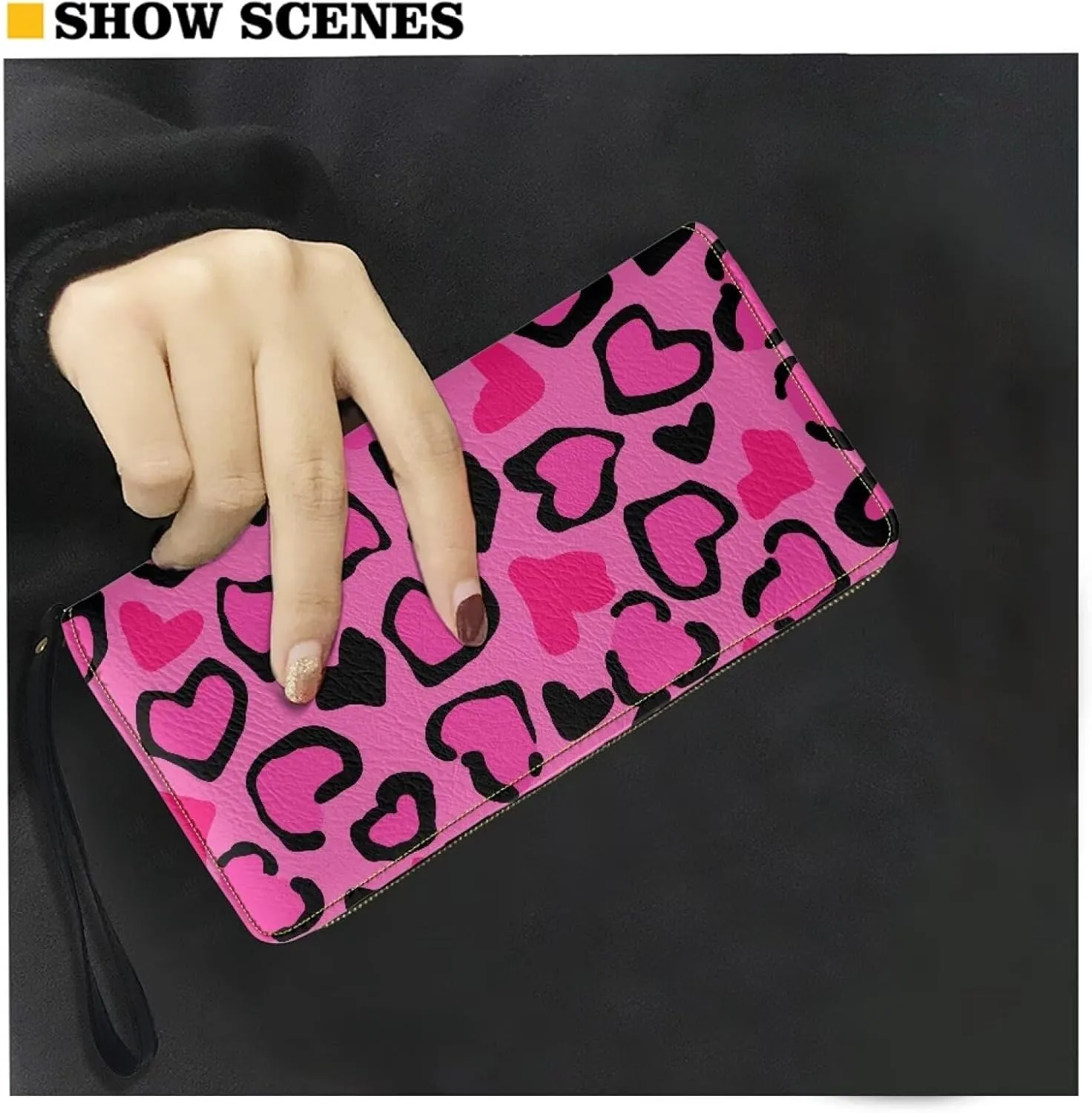 Women Long Money Wallet Metal Zip Around Clutch Purse with Wristlet Strap Stylish Black Pink Love Heart Print PU Leather Phone Holder Travel Card Holder Organizer for Cash,Coin,Bill
