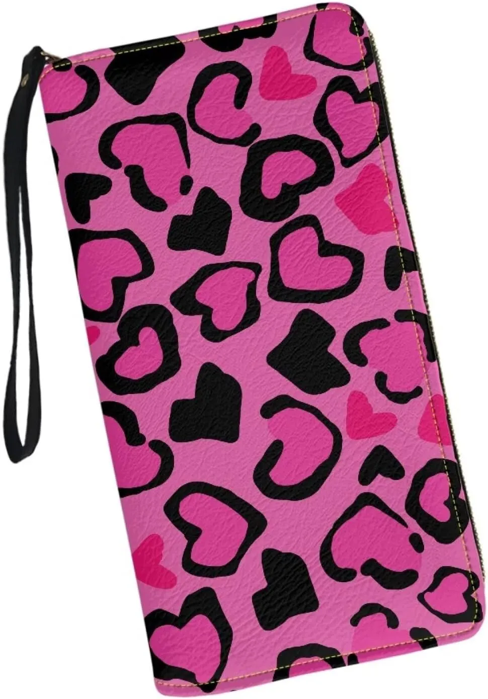 Women Long Money Wallet Metal Zip Around Clutch Purse with Wristlet Strap Stylish Black Pink Love Heart Print PU Leather Phone Holder Travel Card Holder Organizer for Cash,Coin,Bill