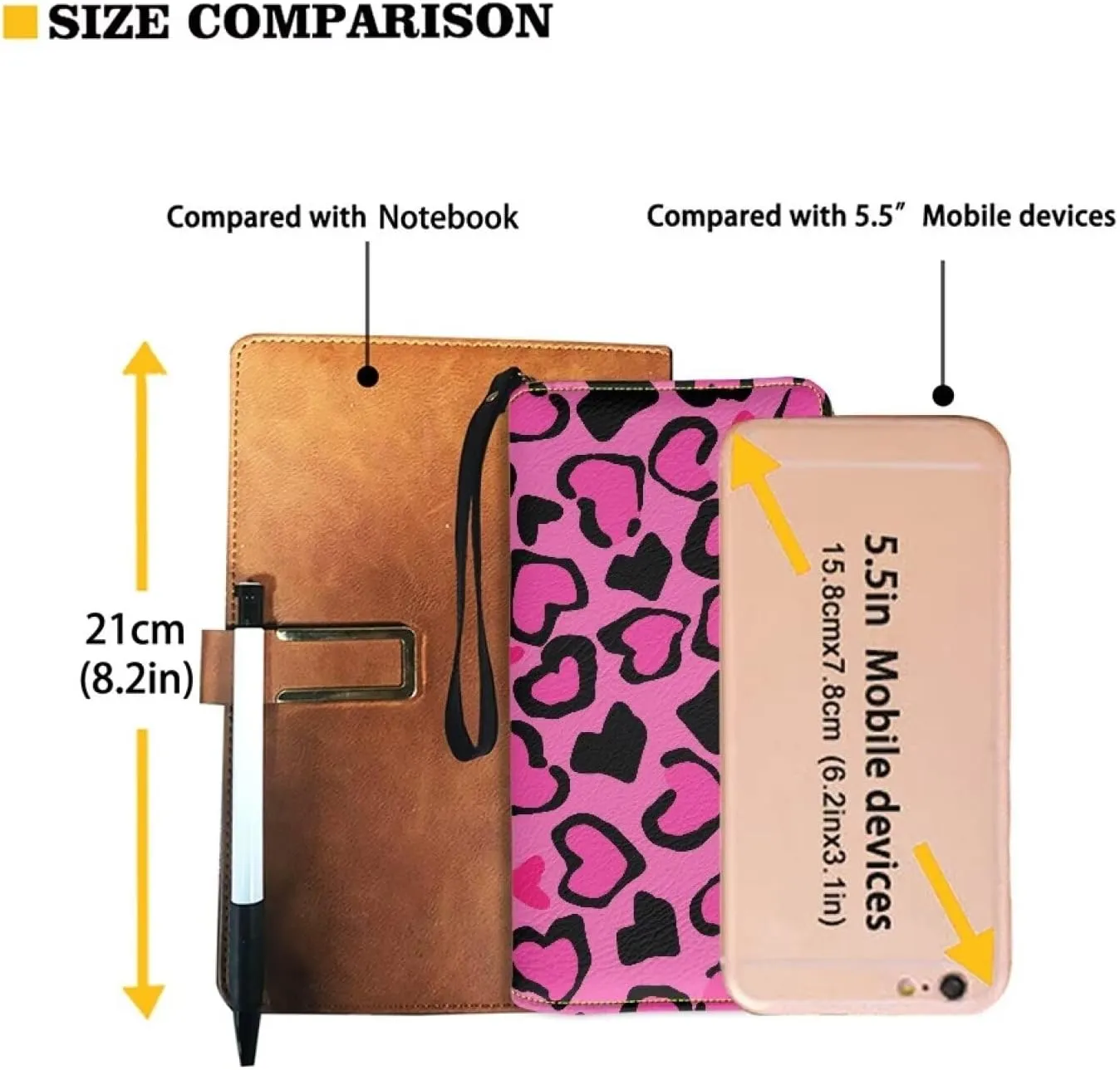 Women Long Money Wallet Metal Zip Around Clutch Purse with Wristlet Strap Stylish Black Pink Love Heart Print PU Leather Phone Holder Travel Card Holder Organizer for Cash,Coin,Bill