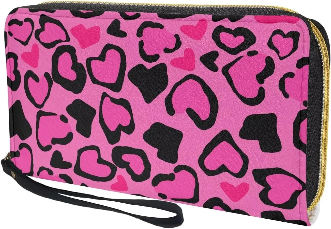Women Long Money Wallet Metal Zip Around Clutch Purse with Wristlet Strap Stylish Black Pink Love Heart Print PU Leather Phone Holder Travel Card Holder Organizer for Cash,Coin,Bill