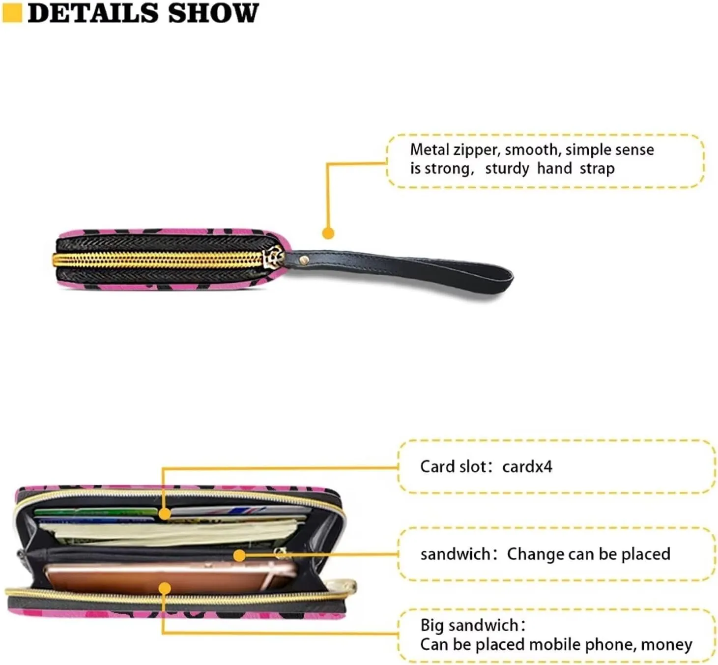 Women Long Money Wallet Metal Zip Around Clutch Purse with Wristlet Strap Stylish Black Pink Love Heart Print PU Leather Phone Holder Travel Card Holder Organizer for Cash,Coin,Bill