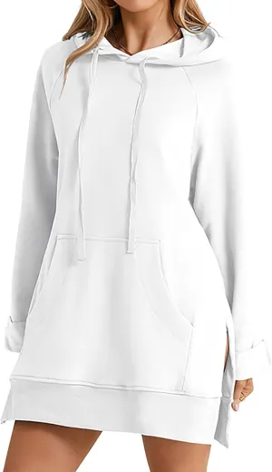 Women Oversized Casual Pullover Long Sleeve Split Hem Hoodie Dress Pullover With Kangaroo Pocket Sweatshirt Tops