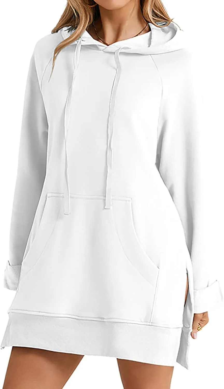 Women Oversized Casual Pullover Long Sleeve Split Hem Hoodie Dress Pullover With Kangaroo Pocket Sweatshirt Tops