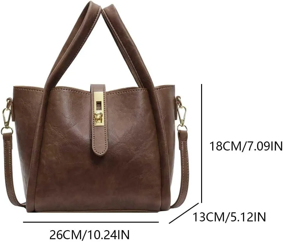 Women PU Bucket Bag Fashion Shoulder Bag Large Capacity Retro Commuting Bag with Inner Pouch Vintage Satchel Bag Adj
