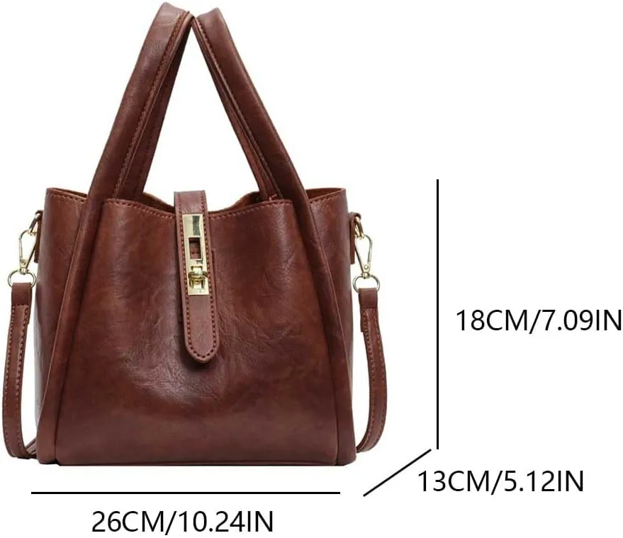 Women PU Bucket Bag Fashion Shoulder Bag Large Capacity Retro Commuting Bag with Inner Pouch Vintage Satchel Bag Adj