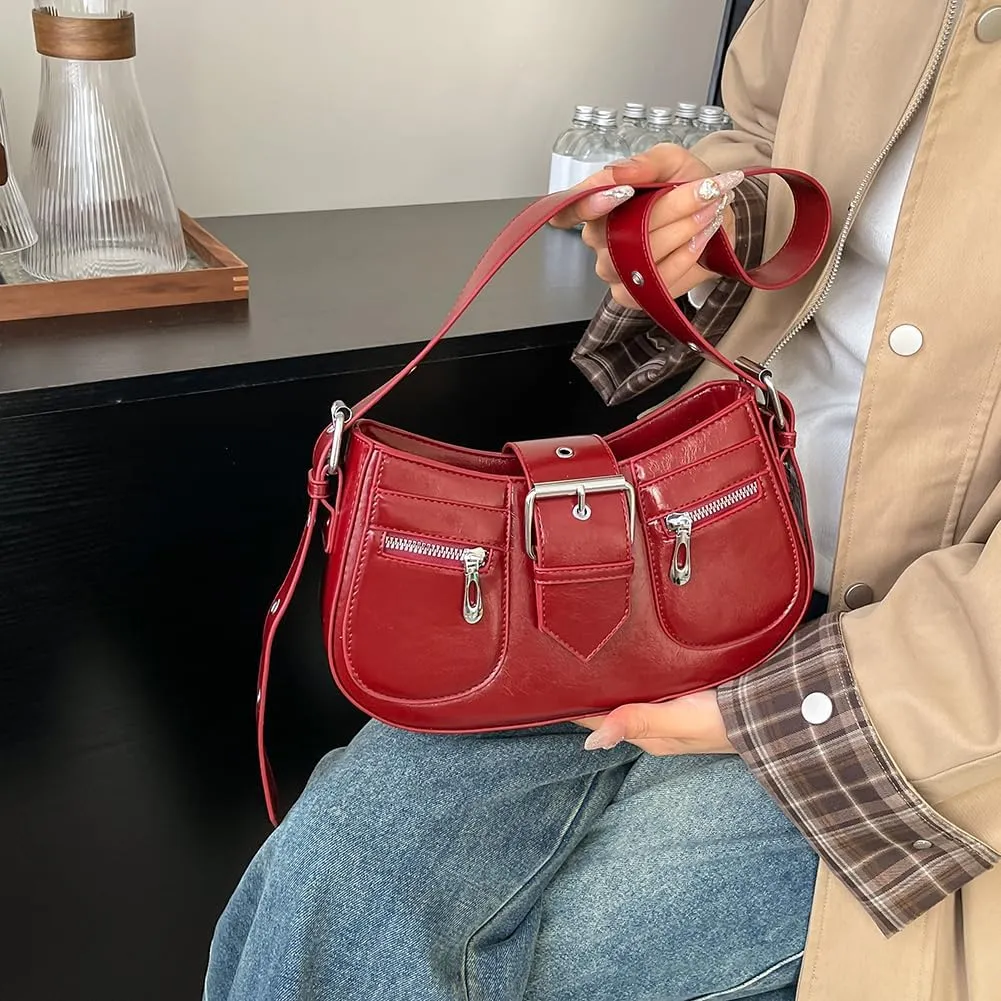 Women PU Punk Shoulder Bag Fashion Tote Bag Large Capacity Casual Messenger Bag Adjustable Strap Multi-pocket Undera