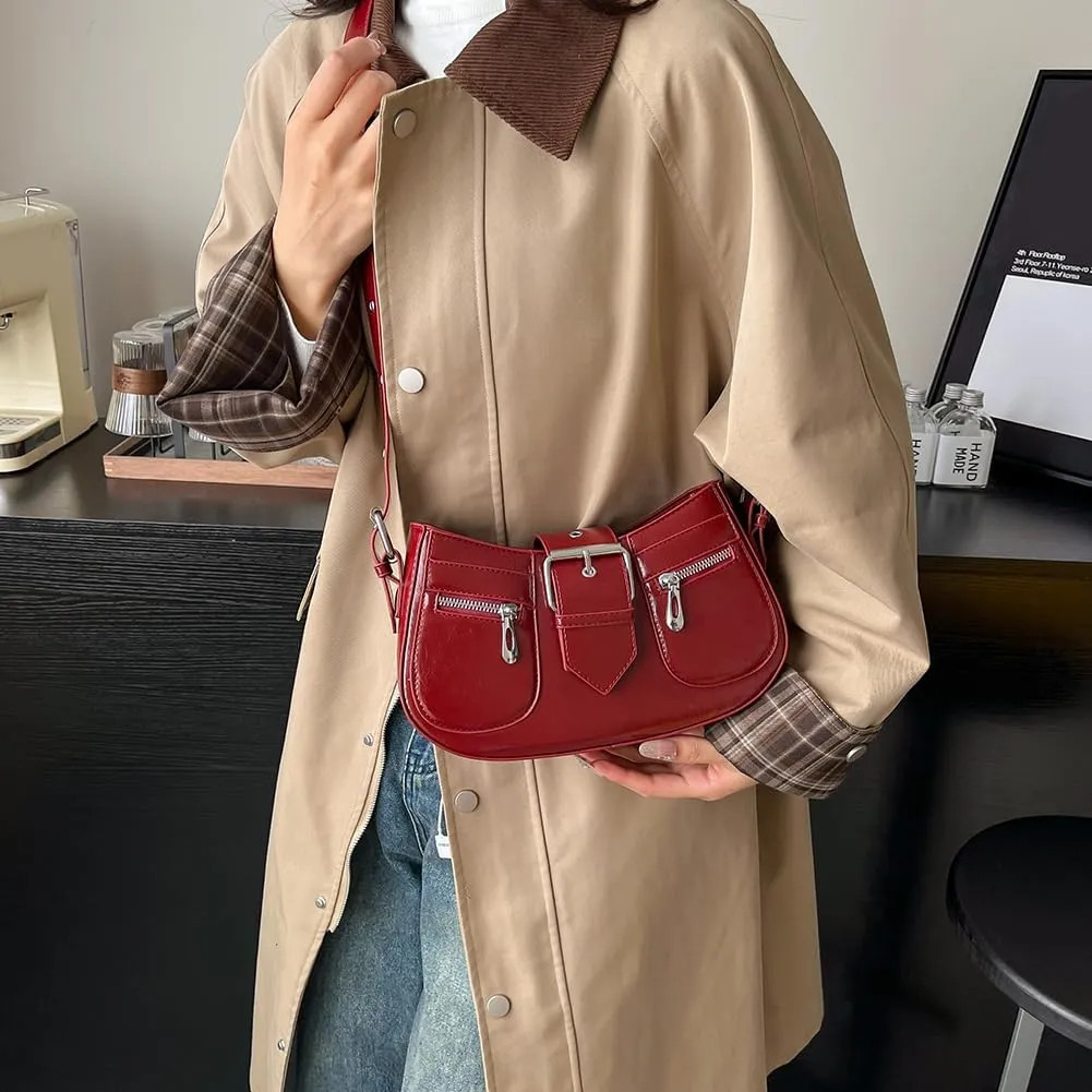 Women PU Punk Shoulder Bag Fashion Tote Bag Large Capacity Casual Messenger Bag Adjustable Strap Multi-pocket Undera