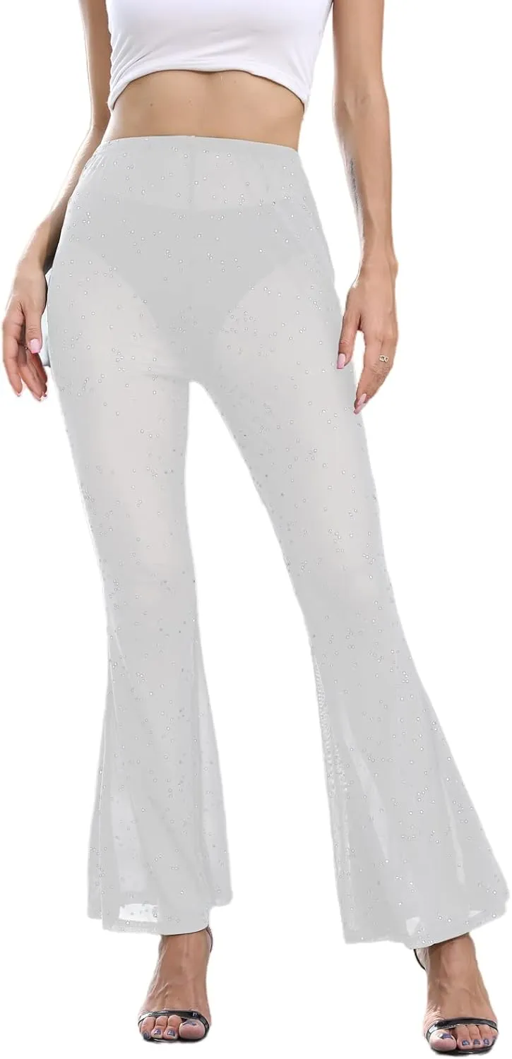 Women Rave Mesh Sheer Pants Flared Bell Bottom Pants for Dance Festival Clubwear