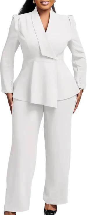 Women Suit Jacket 2 Piece Ruffle Blazer with Wide Leg Pants Suit Long Sleeve Business Casual Outfits