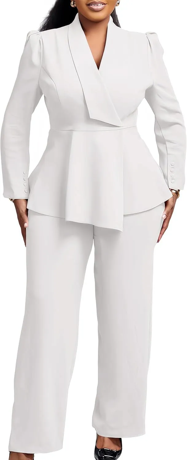 Women Suit Jacket 2 Piece Ruffle Blazer with Wide Leg Pants Suit Long Sleeve Business Casual Outfits