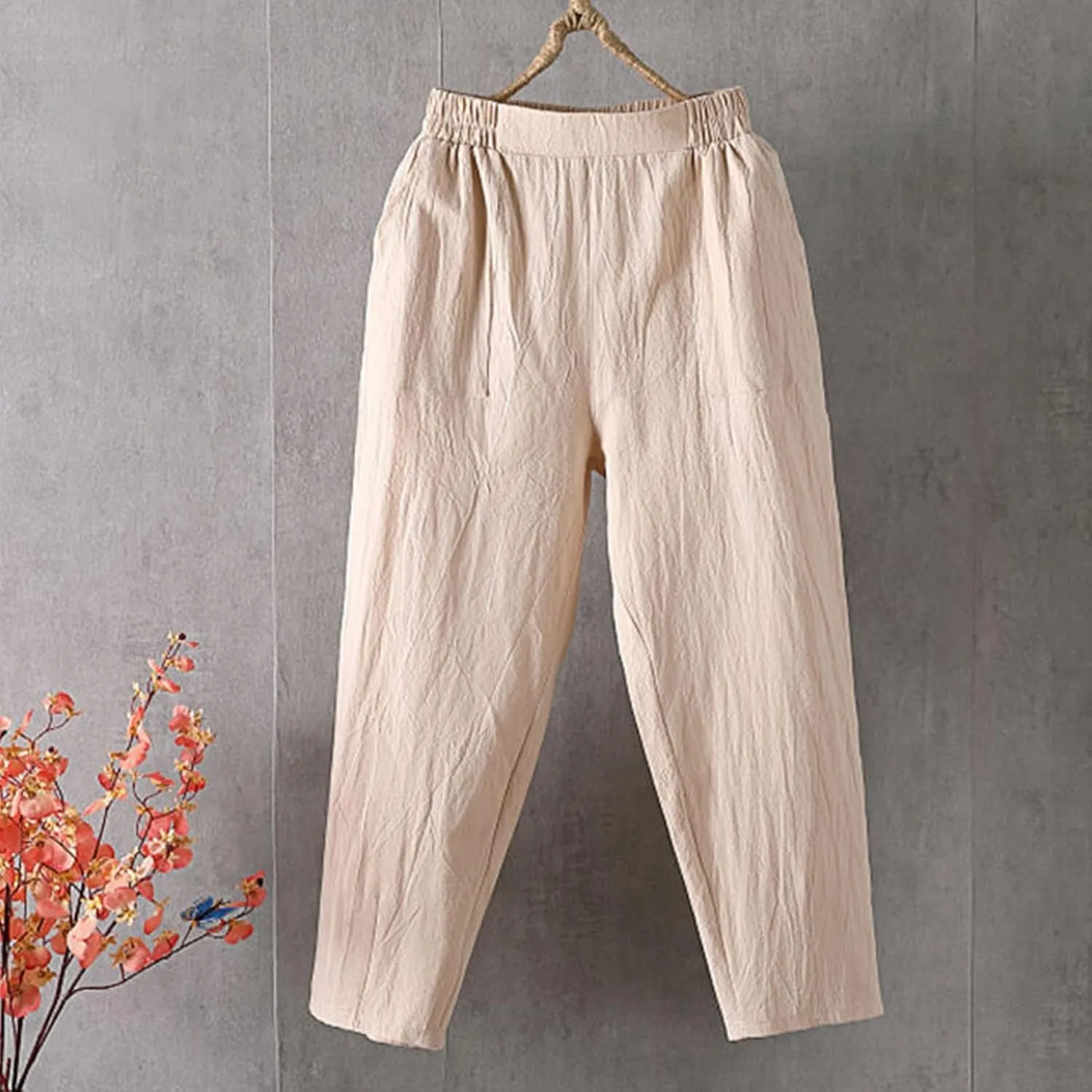 Women Summer Casual Linen Pants Straight Leg Elastic Waist Cropped Pant with Pockets Fashion Holiday Yoga Trousers