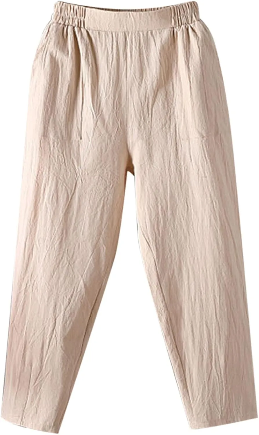 Women Summer Casual Linen Pants Straight Leg Elastic Waist Cropped Pant with Pockets Fashion Holiday Yoga Trousers